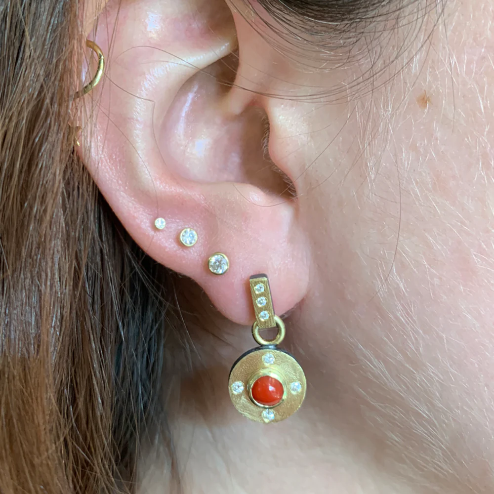 Red Coral & Diamond Drop Earrings - "Coral Porto" - Image 3