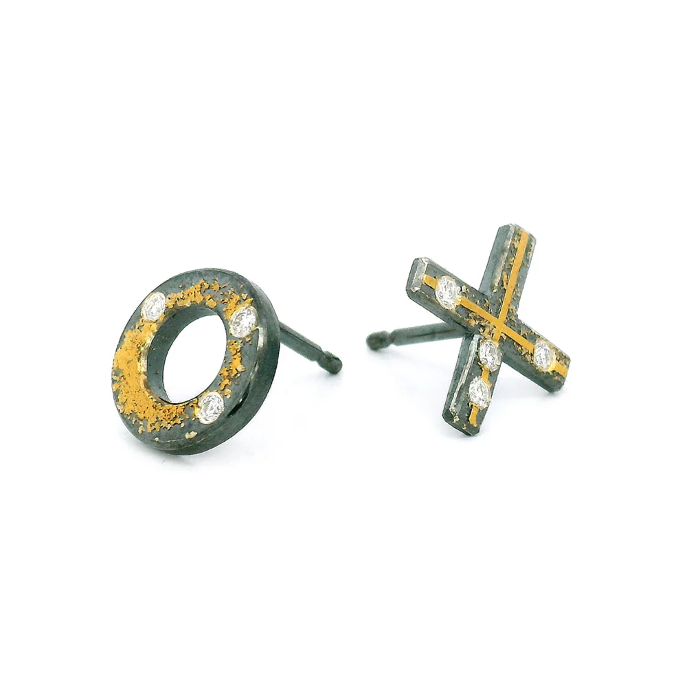 Diamond, Gold & Sterling Silver Stud Earrings - "XO" - Image 2