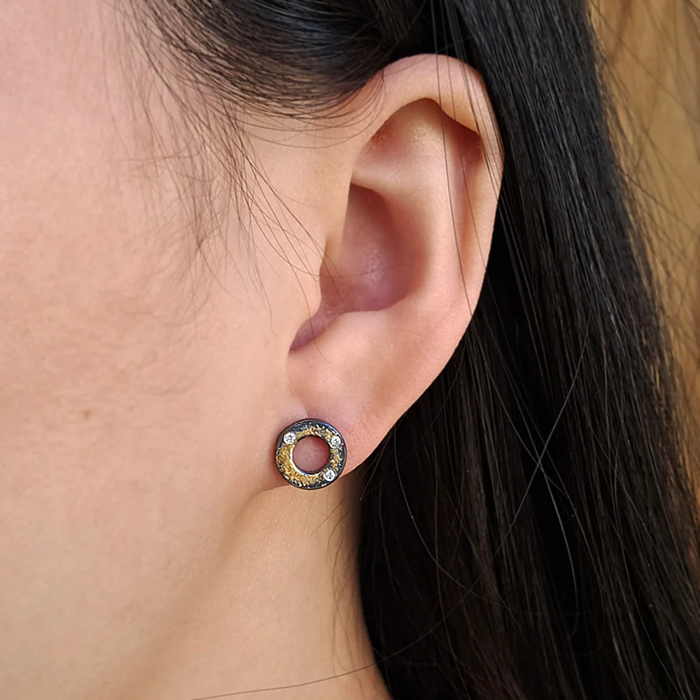 Diamond, Gold & Sterling Silver Stud Earrings - "XO" - Image 3