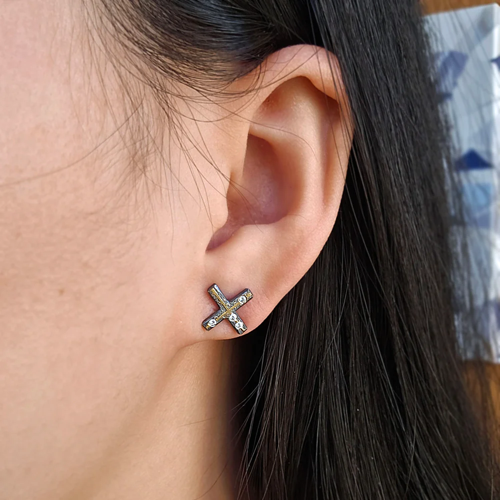 Diamond, Gold & Sterling Silver Stud Earrings - "XO" - Image 4