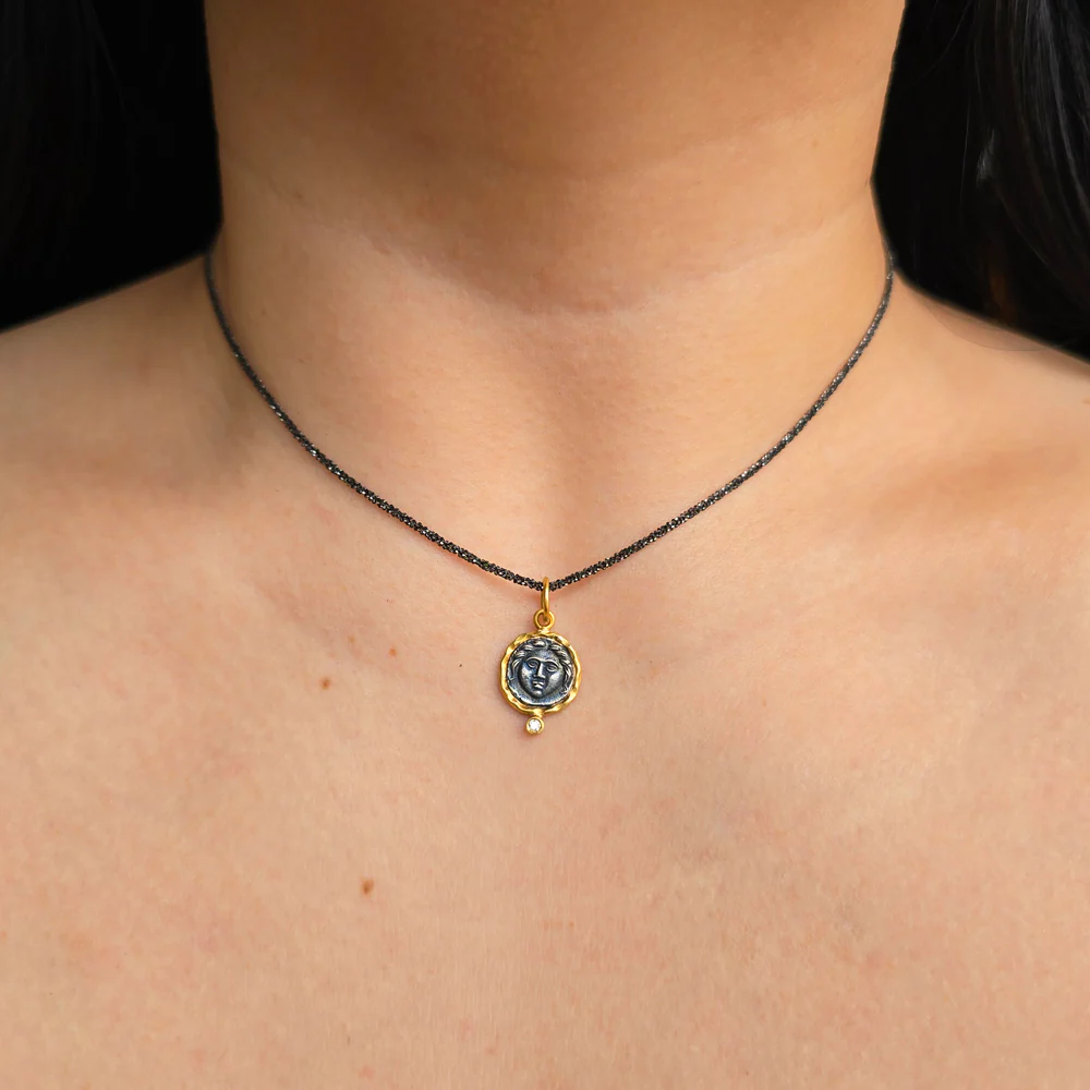 Diamond, Silver & Yellow Gold Pendant - "Helios: God of the Sun" - Image 4