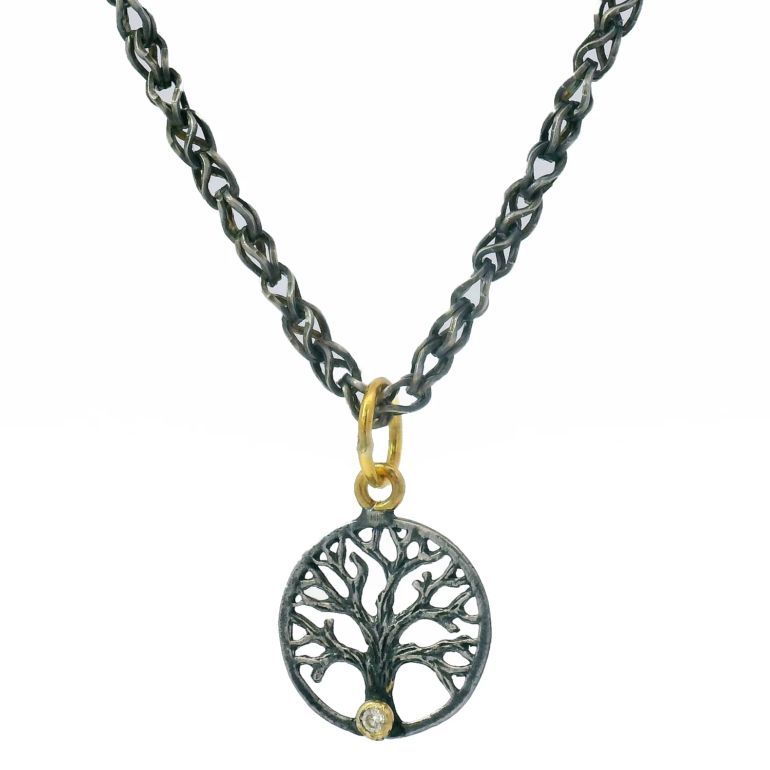 Diamond, Silver & Yellow Gold Pendant - "Tree of Life" - Image 2