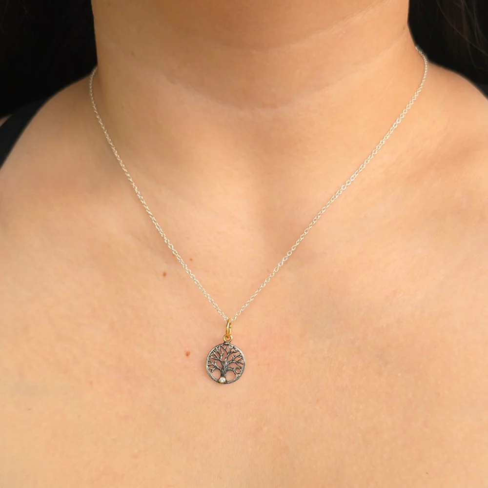 Diamond, Silver & Yellow Gold Pendant - "Tree of Life" - Image 3