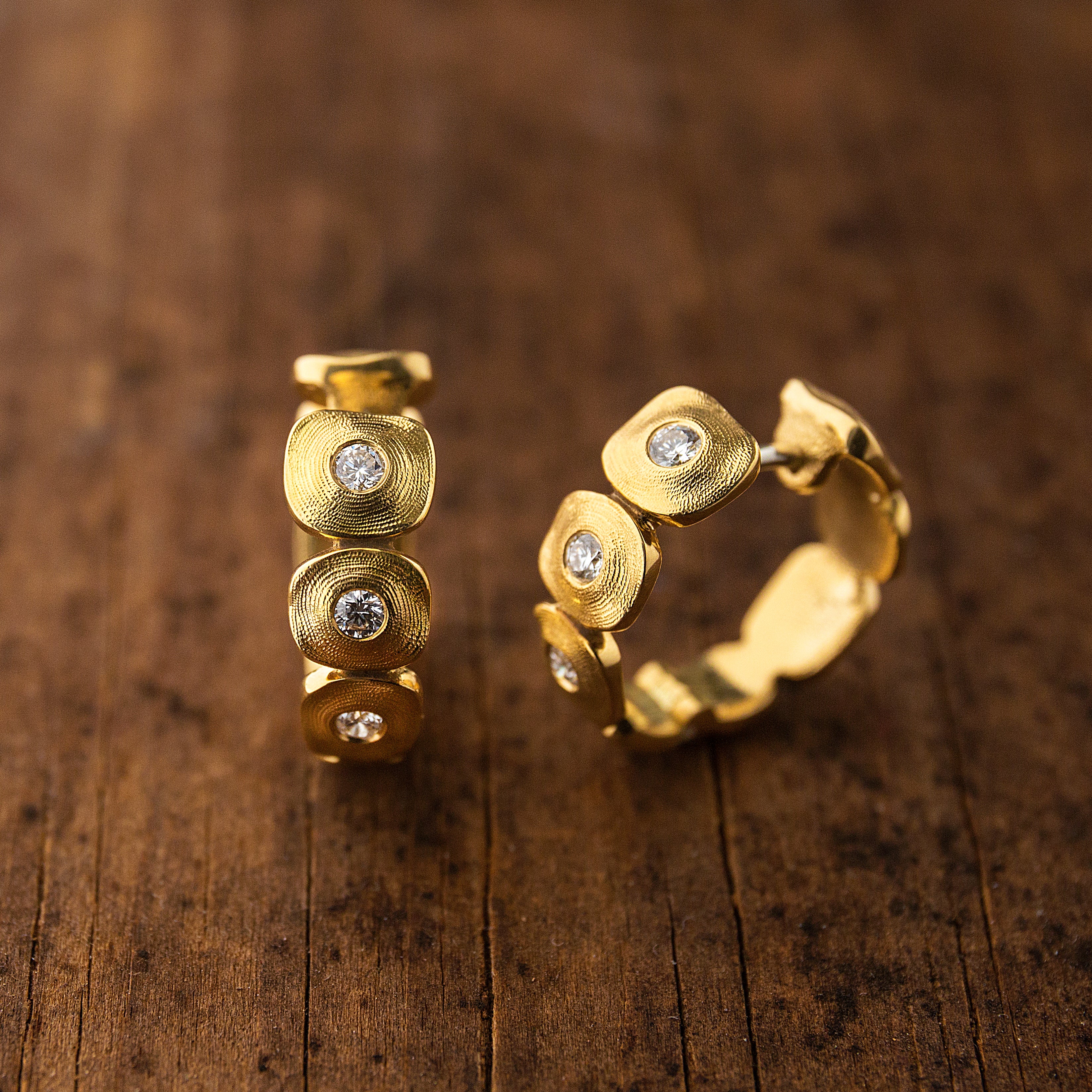Diamond & Yellow Gold Hoop Earrings -"Dancing Squares" - Image 2