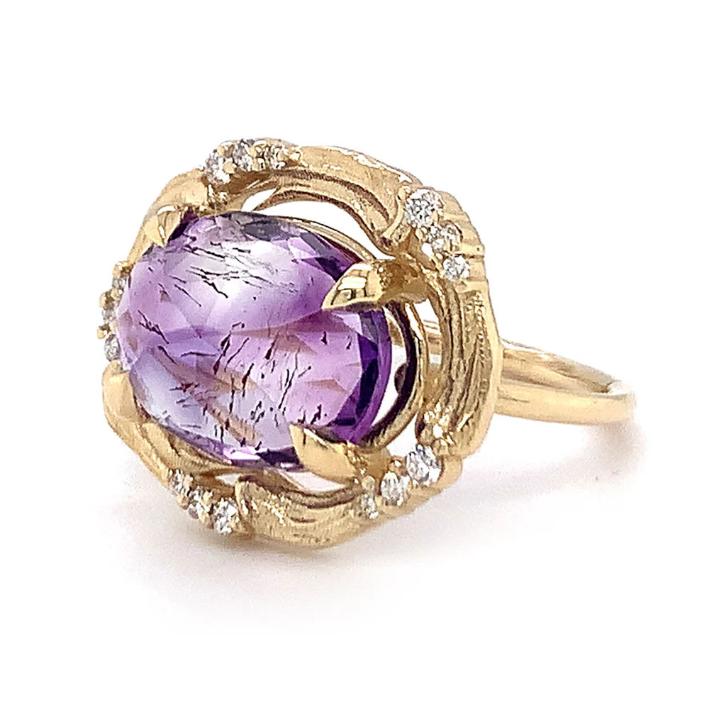 Rutilated Amethyst & Diamond Yellow Gold Ring - "Ultra Violet" - Image 3