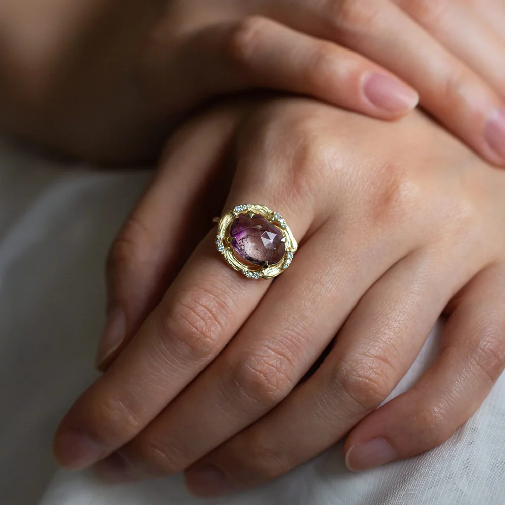 Rutilated Amethyst & Diamond Yellow Gold Ring - "Ultra Violet" - Image 6