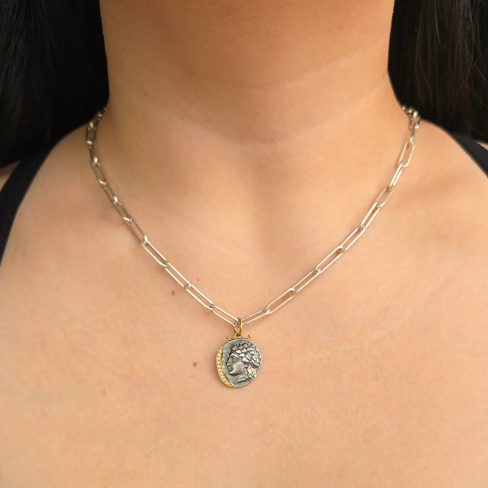 Diamond, Yellow Gold & Silver Coin Pendant - "Goddess of the Hunt" - Image 3