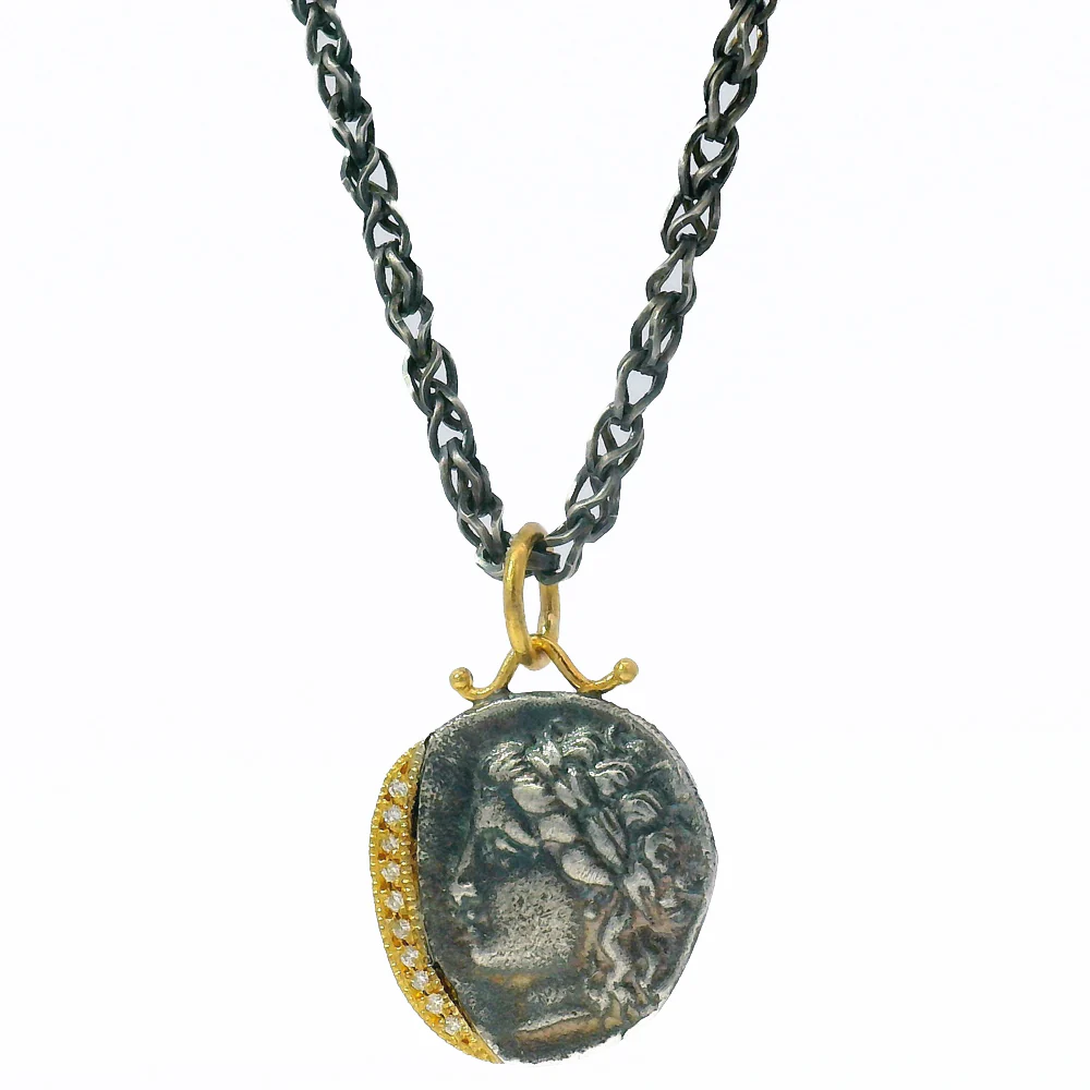 Diamond, Yellow Gold & Silver Coin Pendant - "Goddess of the Hunt" - Image 6