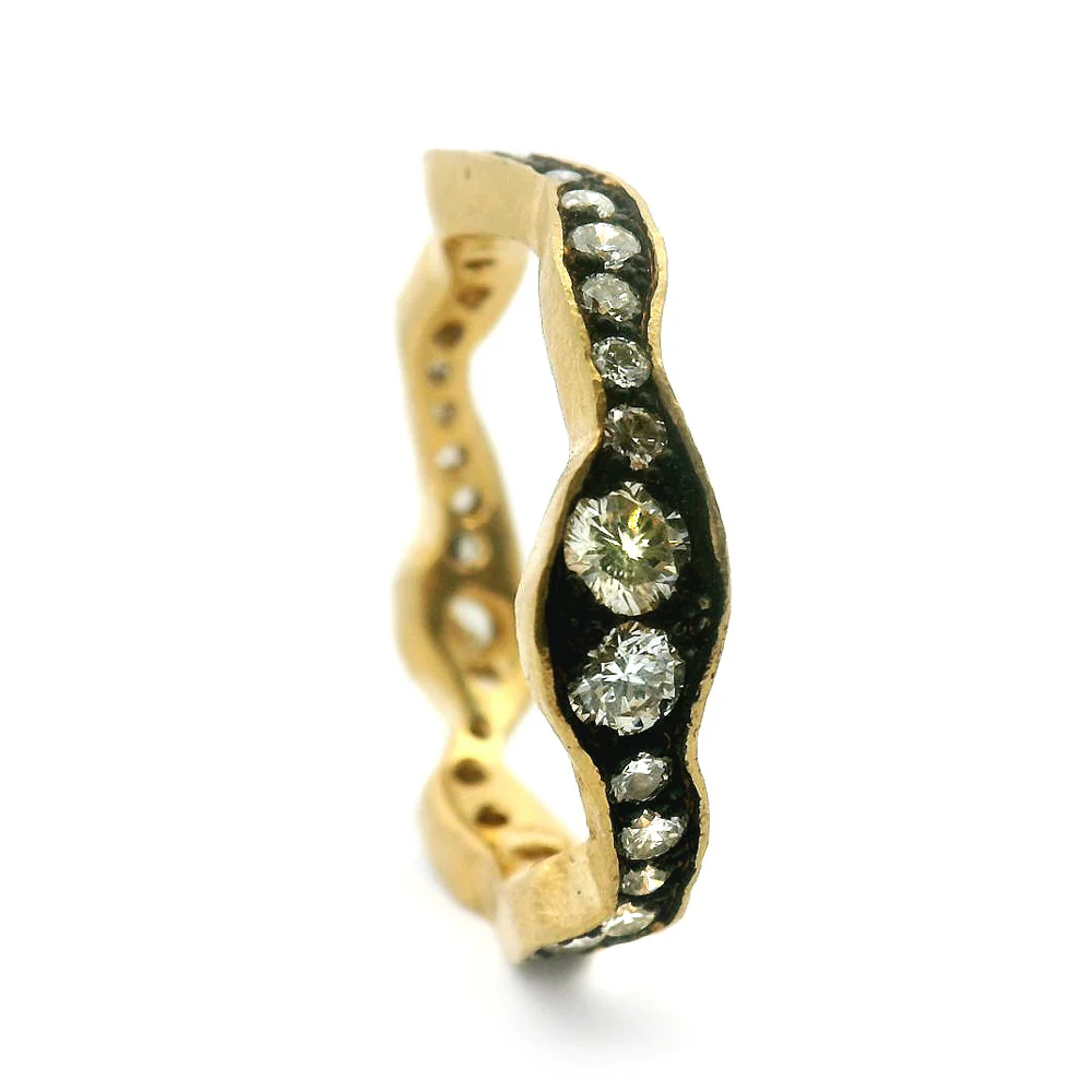Diamond & Yellow Gold Wavy Eternity Band - "Moody Storm" - Image 2