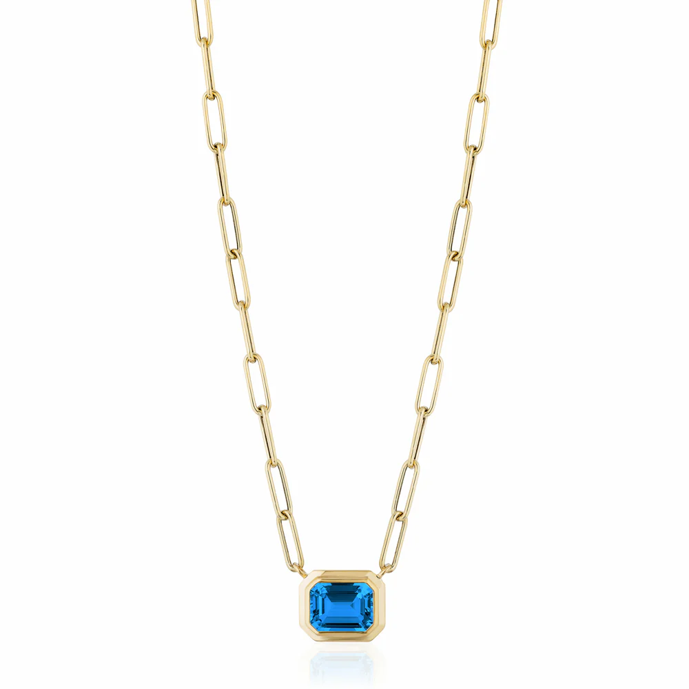 Emerald-Cut Blue Topaz Paperclip Necklace - "Manhattan"