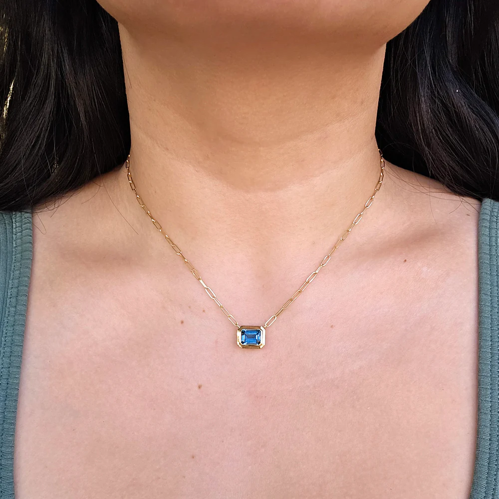 Emerald-Cut Blue Topaz Paperclip Necklace - "Manhattan" - Image 3