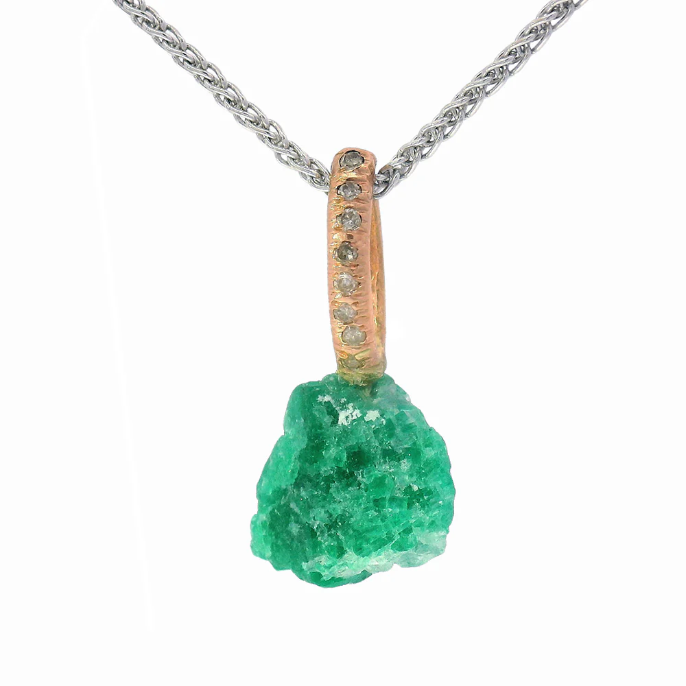 Rough Emerald, Diamond, & Rose Gold Pendant - "Esmeralda" - Image 3