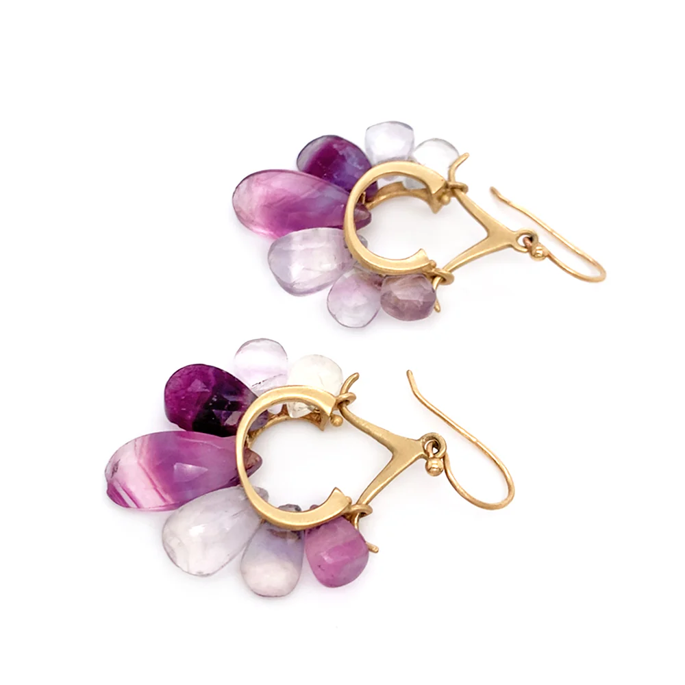 Fluorite & Yellow Gold Earrings - "Peacock" - Image 2