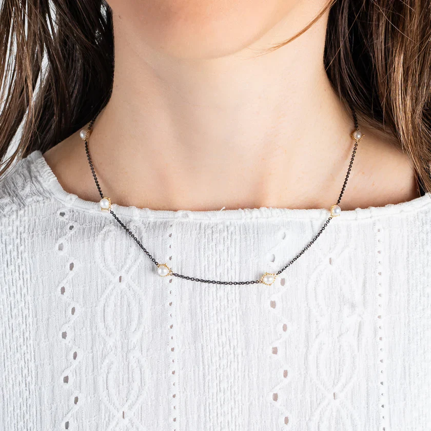 Freshwater Pearl Textile Stationed Necklace - "Pearl Parade" - Image 2