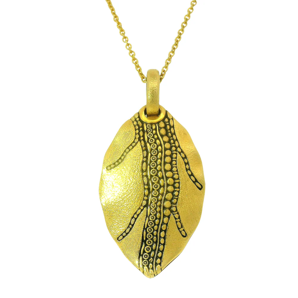 Yellow Gold Textured Pendant - "Leaf" - Image 3