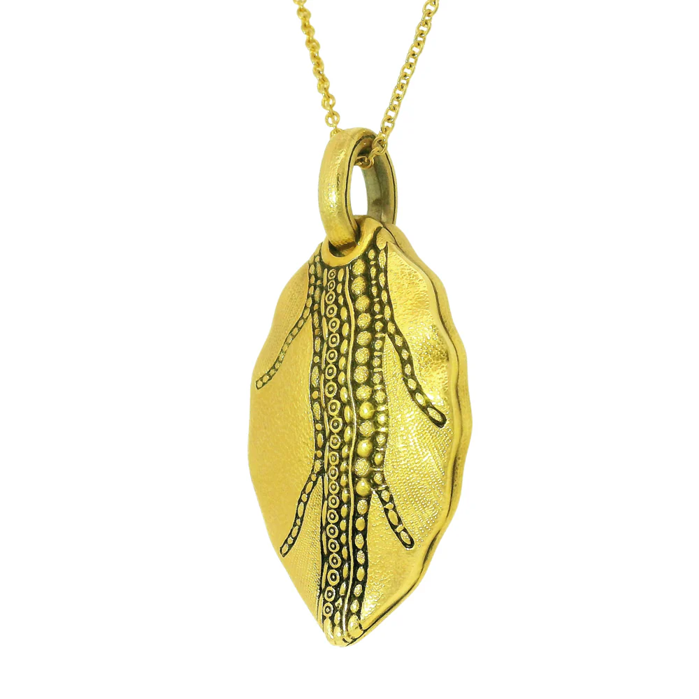 Yellow Gold Textured Pendant - "Leaf" - Image 4