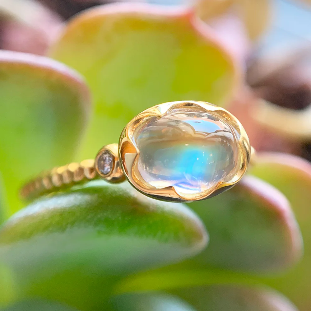 Rainbow Moonstone & Diamond Wishing Well Ring - "Prismatic Daydream" - Image 2