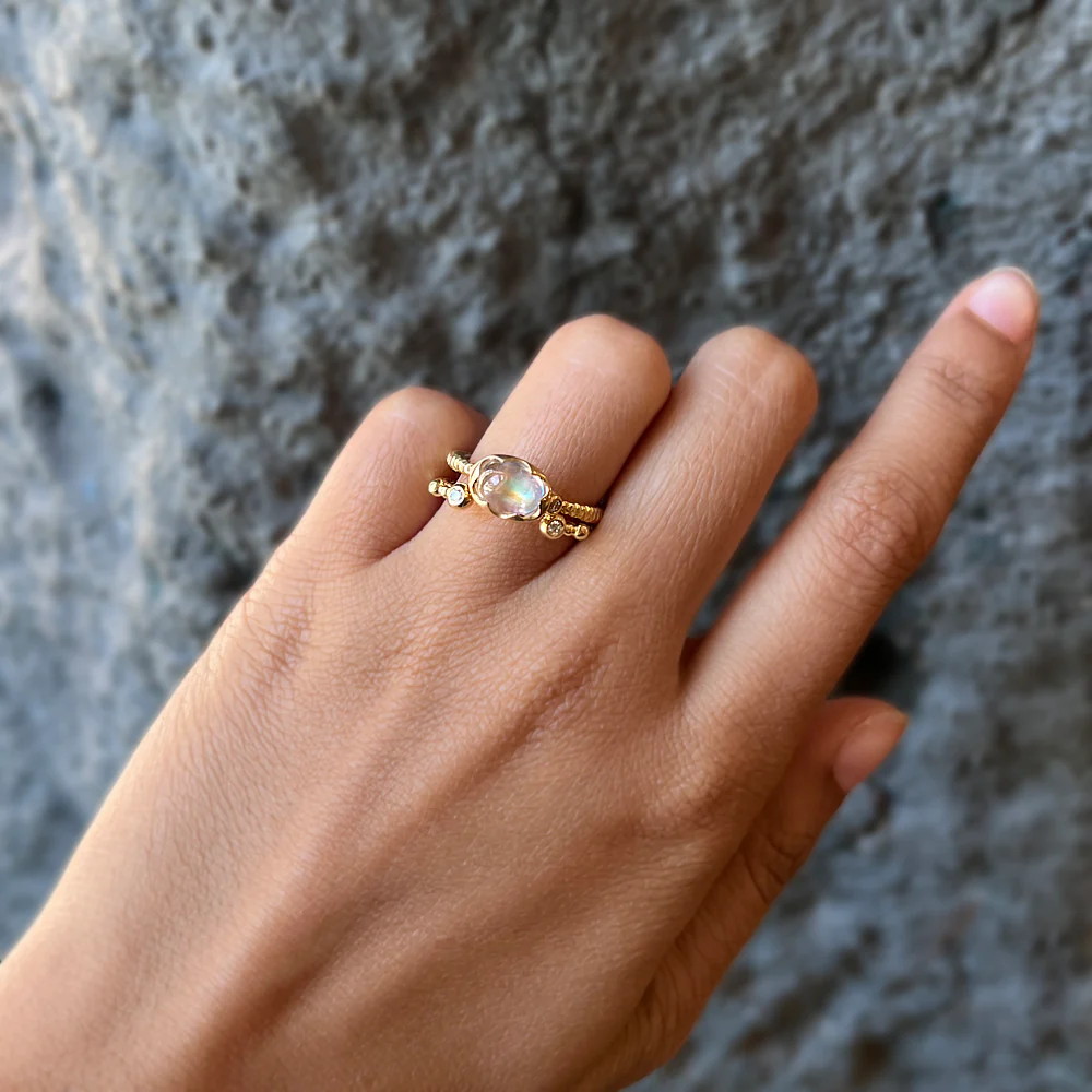 Rainbow Moonstone & Diamond Wishing Well Ring - "Prismatic Daydream" - Image 3