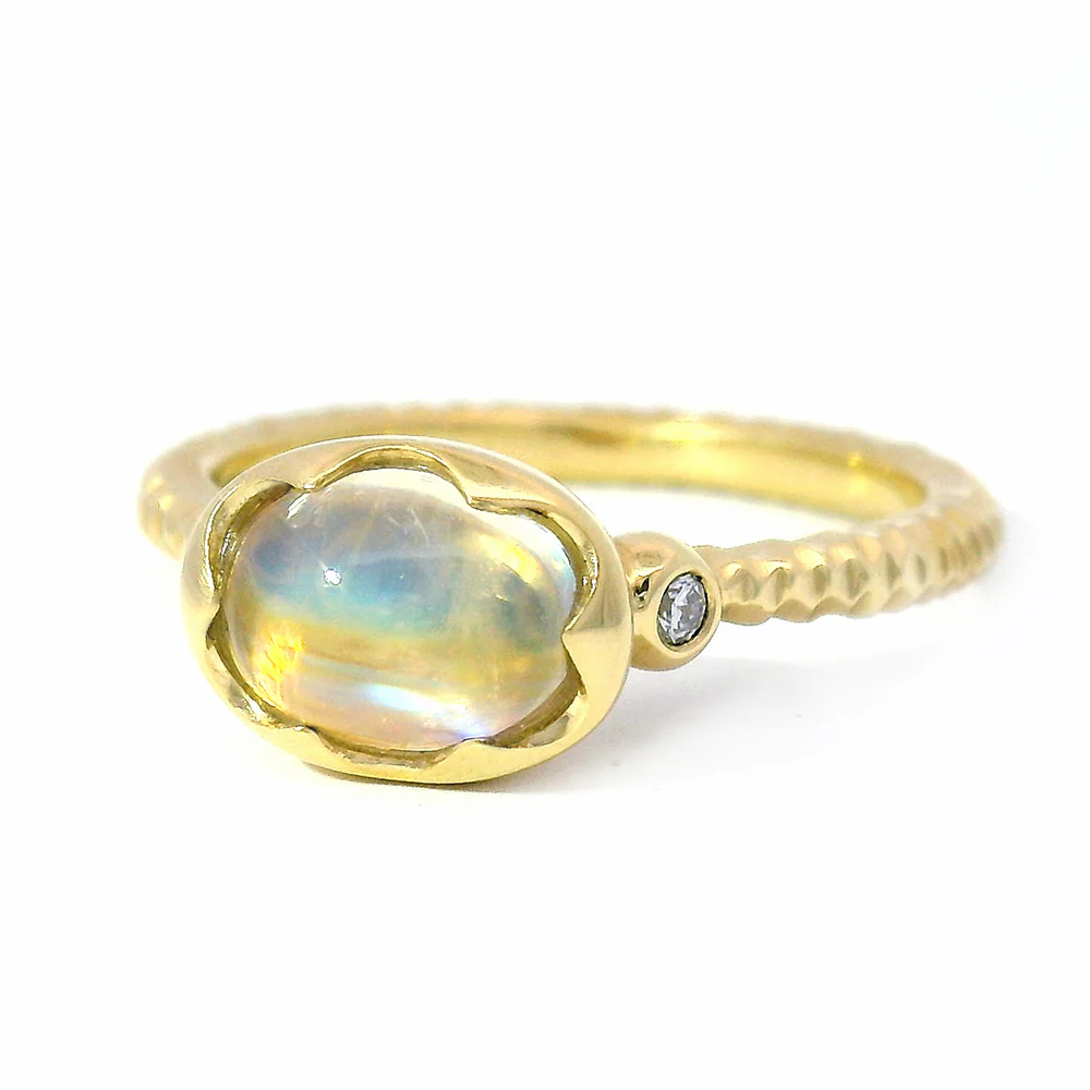 Rainbow Moonstone & Diamond Wishing Well Ring - "Prismatic Daydream" - Image 4