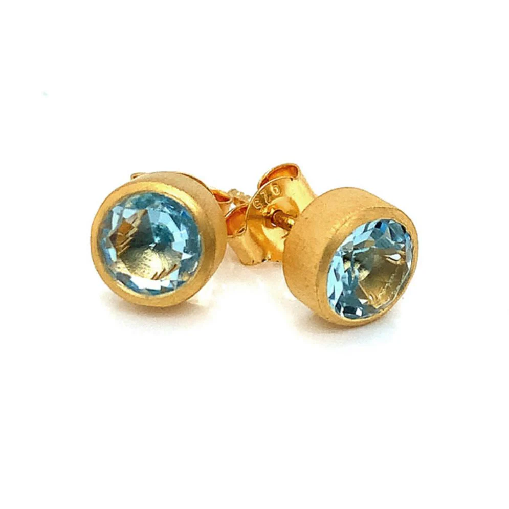 Gold Vermeil Bezel-Set Blue Topaz Stud Earrings - Image 3