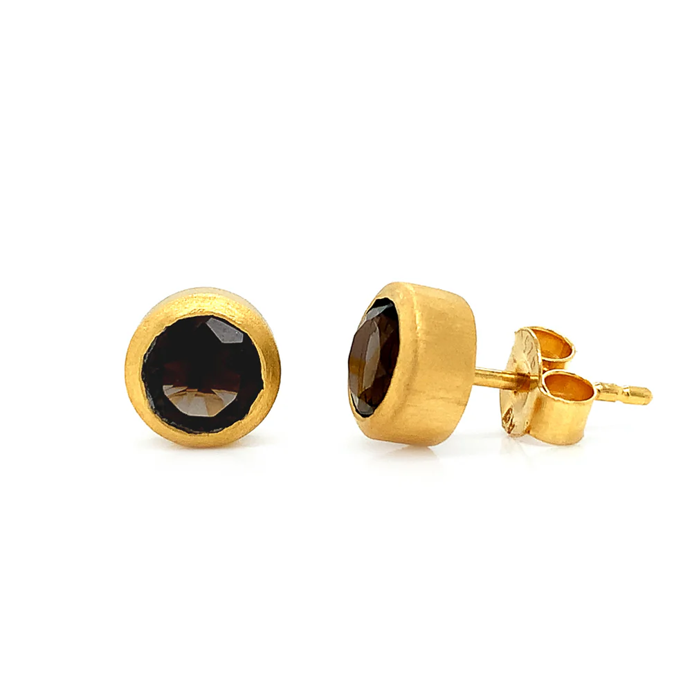 Gold Vermeil Bezel-Set Smoky Quartz Stud Earrings - Image 2