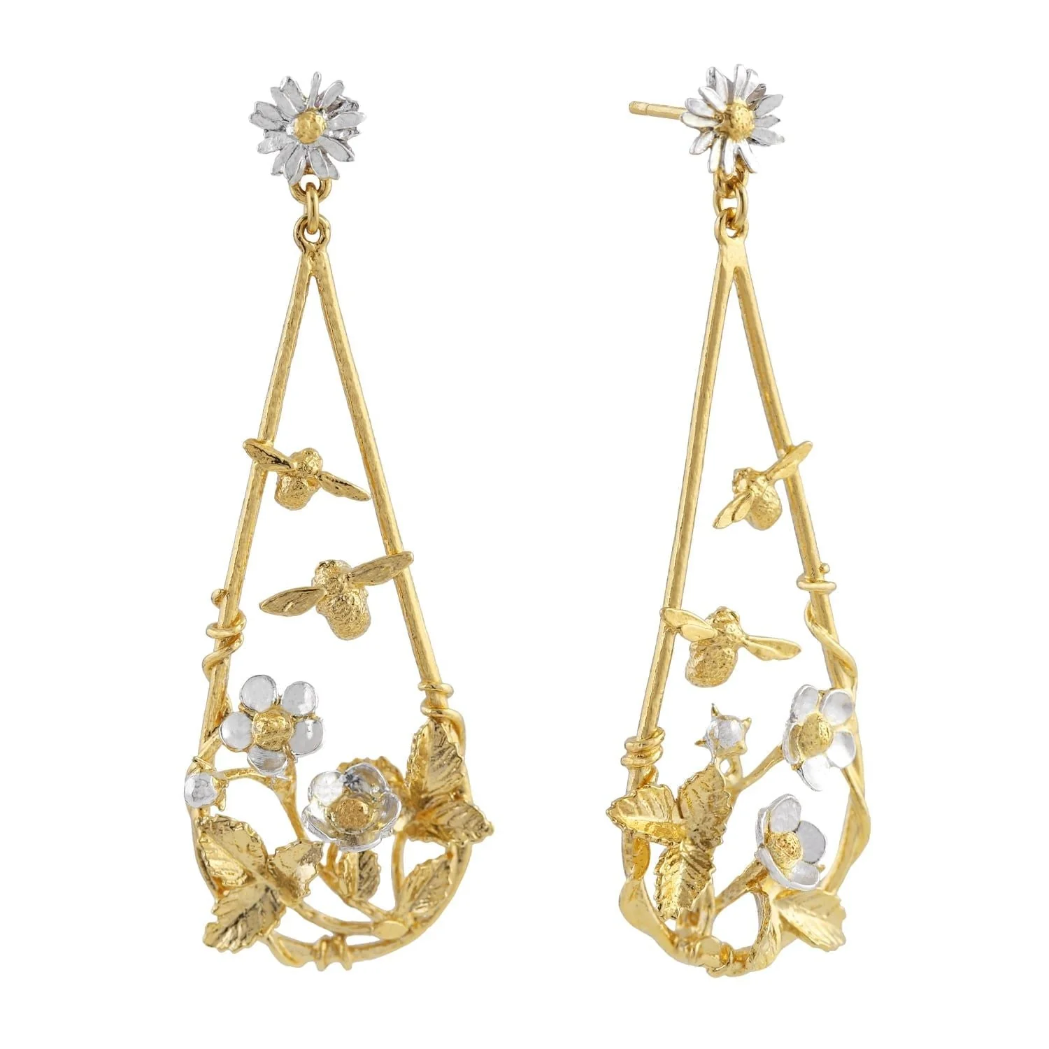 Gold Vermeil & Sterling Silver Earrings - "Strawberry Patch with Buzzing Bees" - Image 3