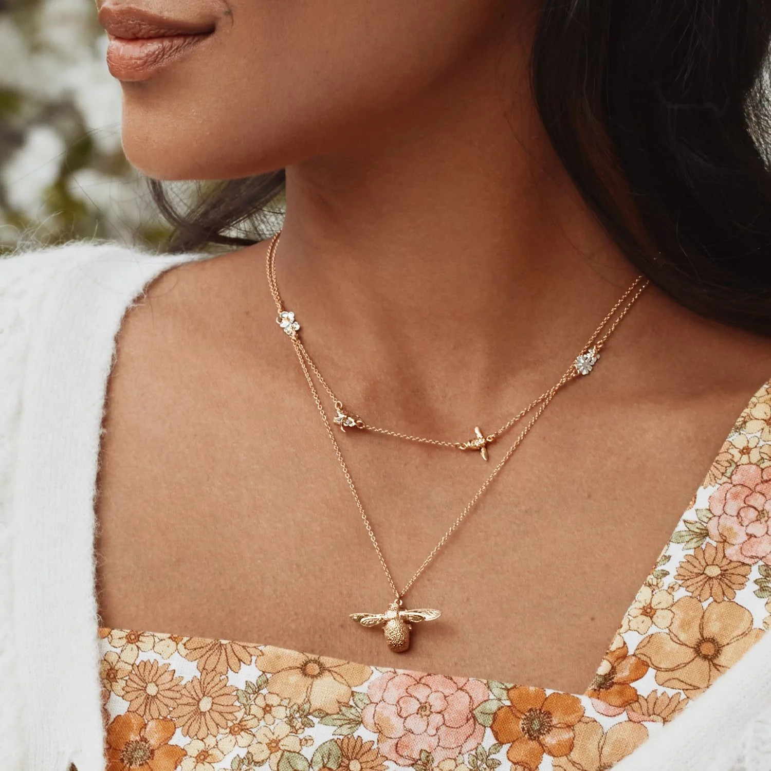Gold Vermeil & Sterling Silver Necklace - "Floral Chain with Teeny Tiny Bee" - Image 3