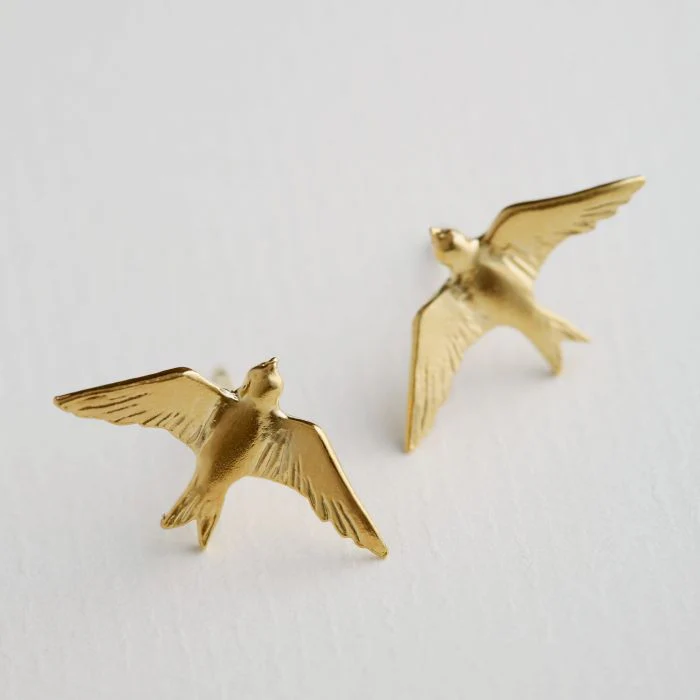 Gold Vermeil Stud Earrings - "Flying Swallows" - Image 2