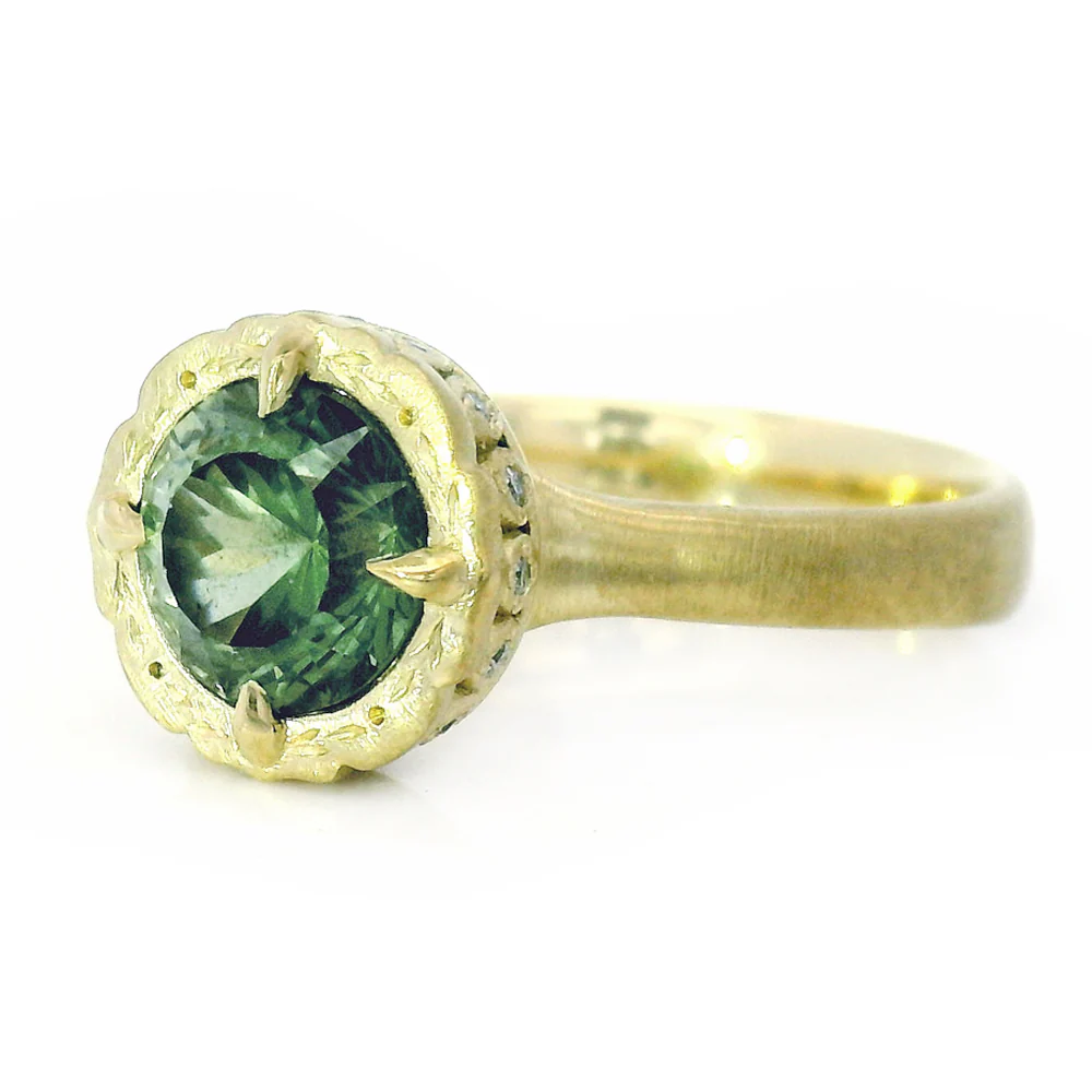 Green Montana Sapphire & Diamond Engagement Ring - "Eye of the Jungle" - Image 2