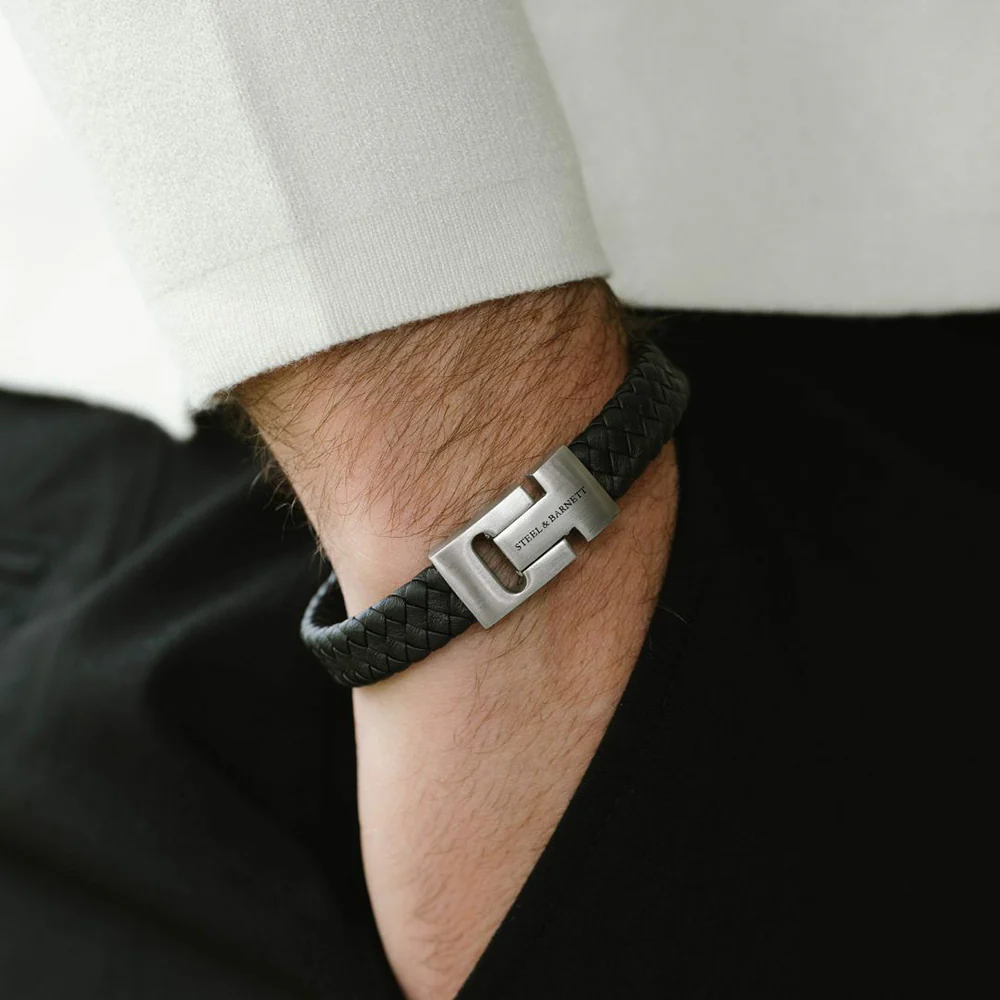 "Harrison" Black Braided Leather Bracelet by Steel & Barnett - Image 2