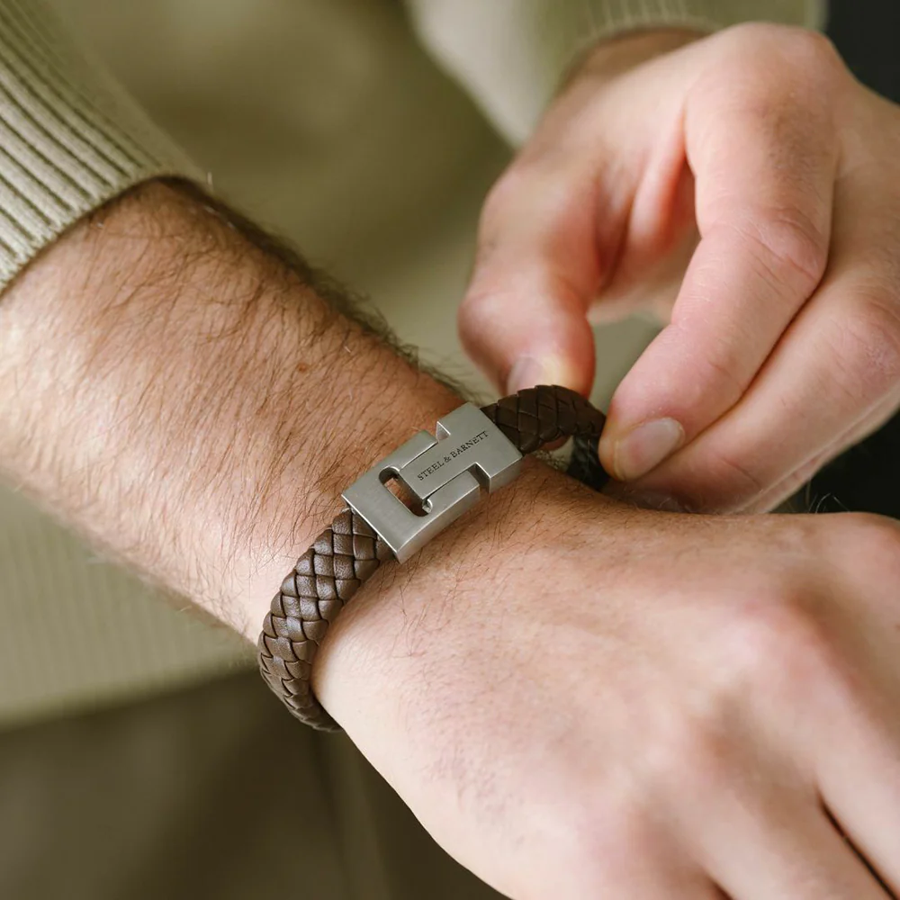 "Harrison" Brown Braided Leather Bracelet by Steel & Barnett - Image 2