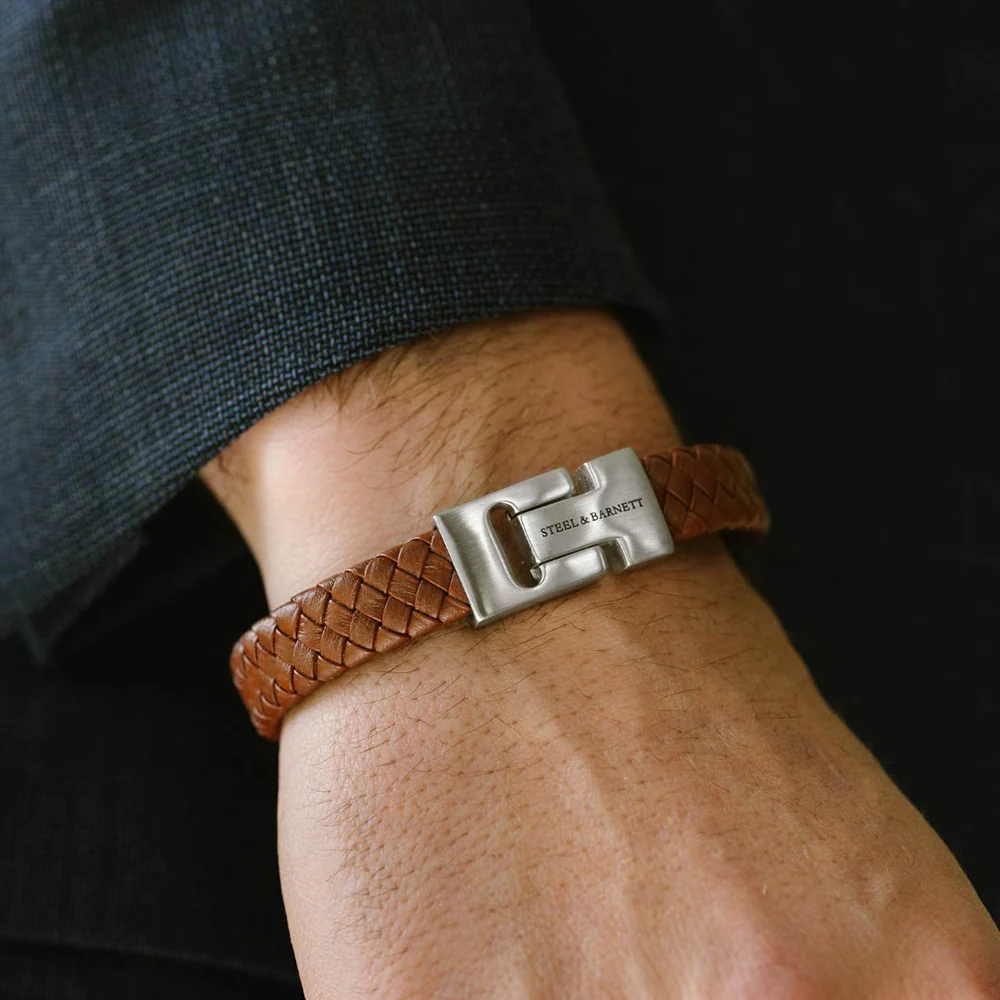"Harrison" Light Brown Braided Leather Bracelet by Steel & Barnett - Image 2