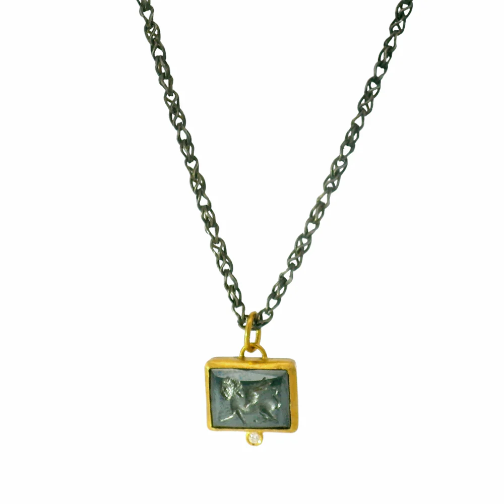 Hematite, Silver, Yellow Gold & Diamond Pendant - "Intaglio Storm" - Image 2