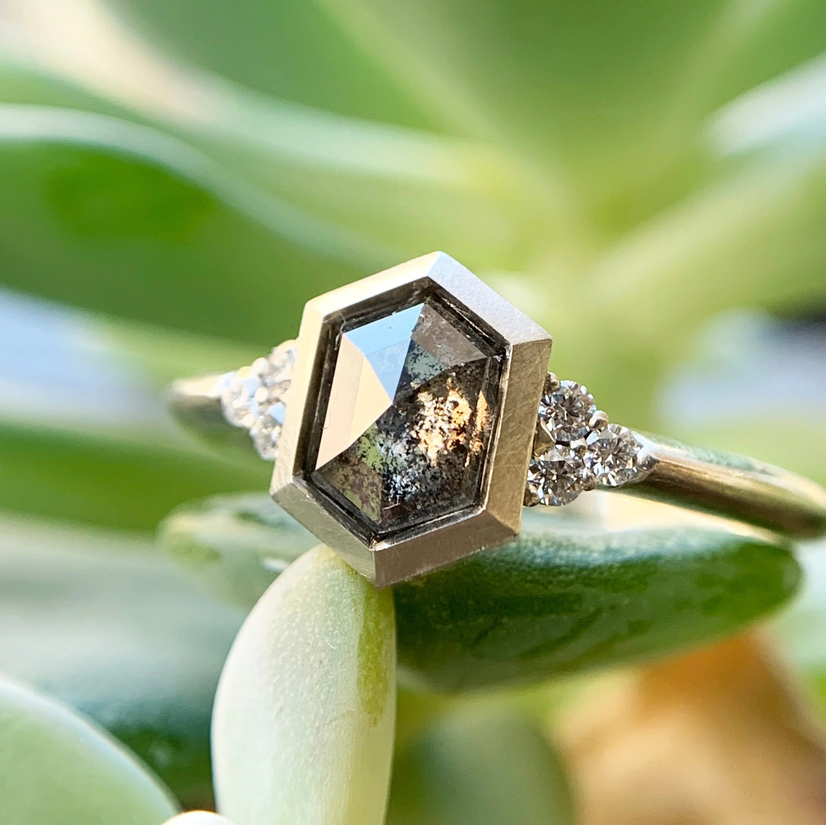 Hexagonal Salt & Pepper Diamond Ring - "Denise" - Image 2