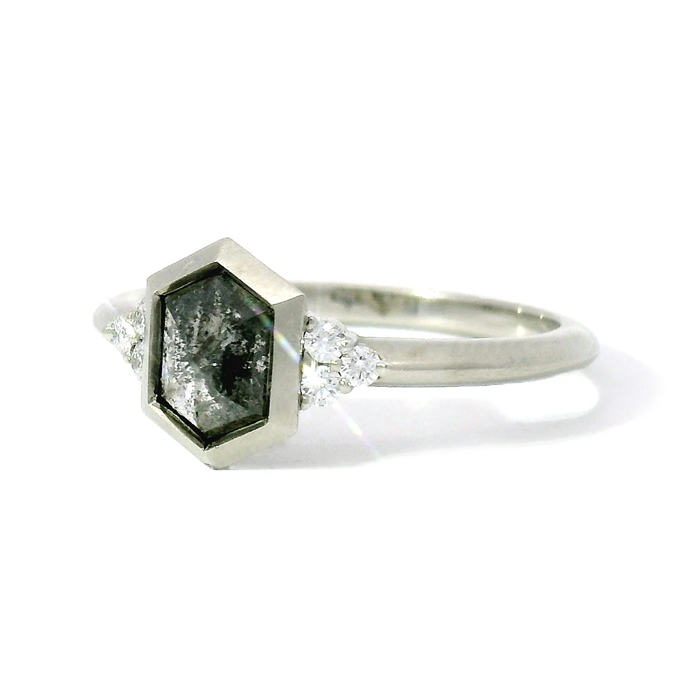Hexagonal Salt & Pepper Diamond Ring - "Denise" - Image 3