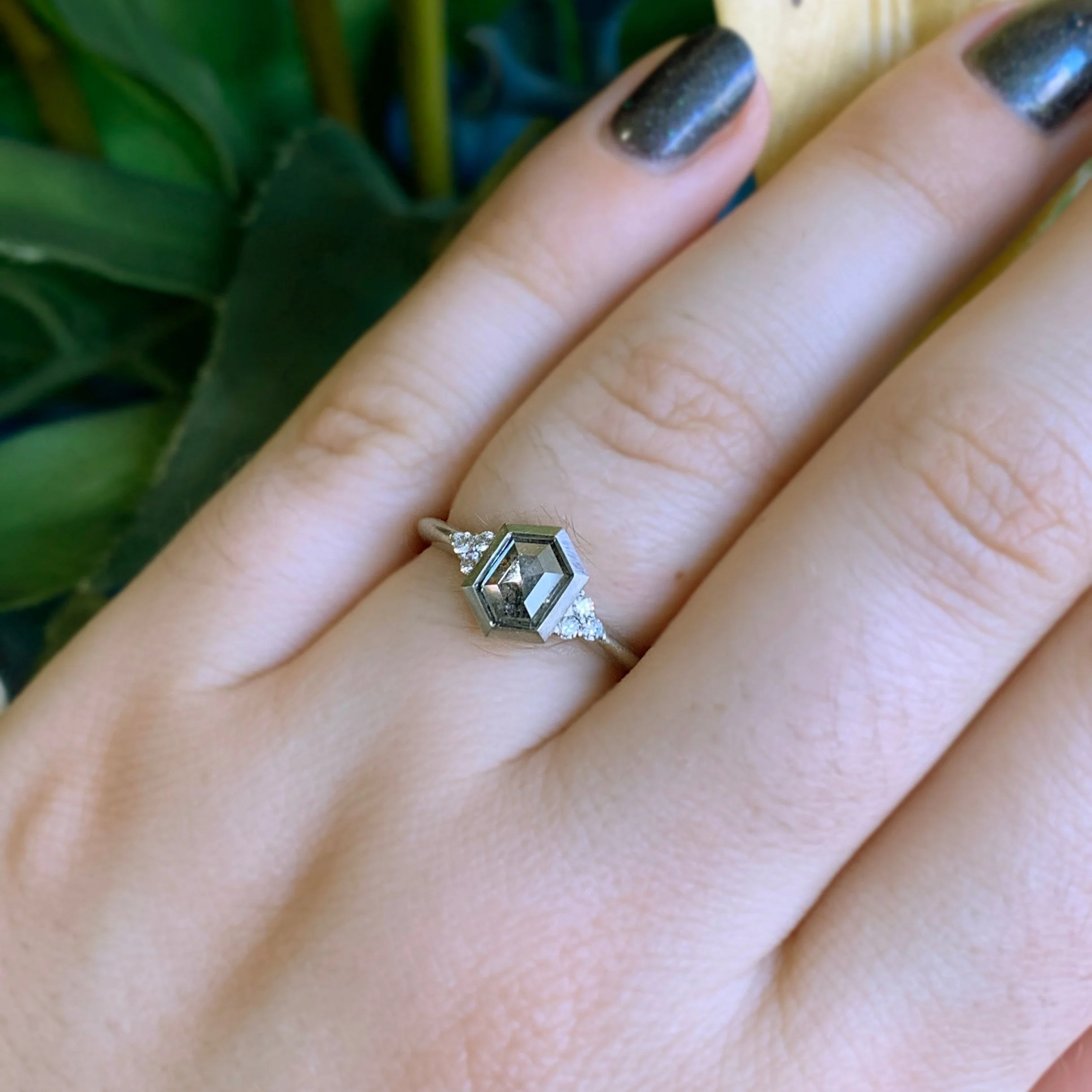 Hexagonal Salt & Pepper Diamond Ring - "Denise" - Image 6