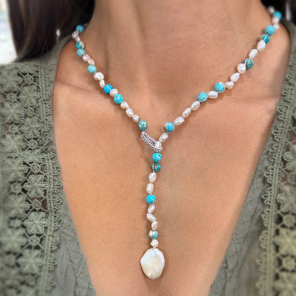 Jasper & Freshwater Pearl Silk Necklace - "Ocean's Call" - Image 2