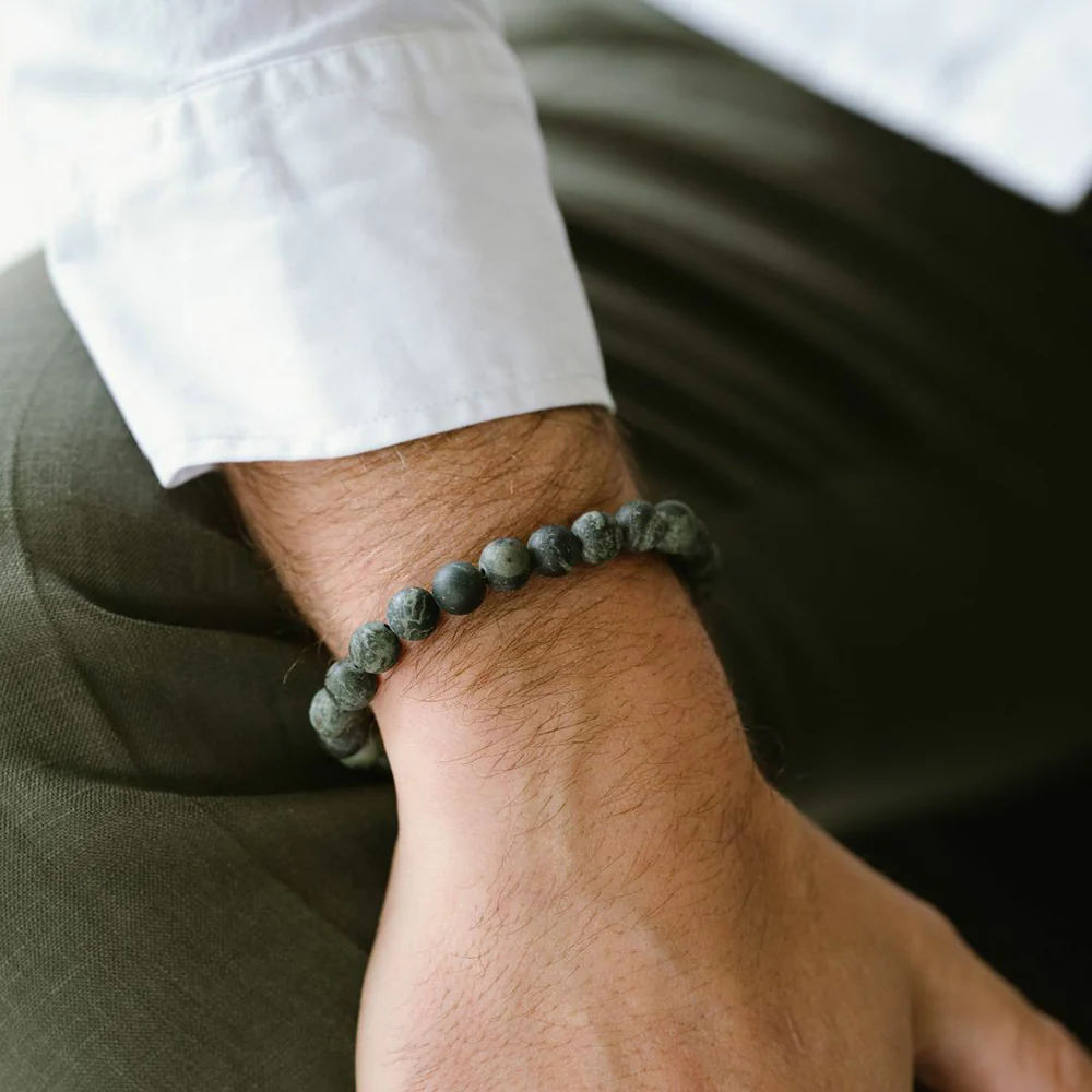 Stainless Steel & Matte Kambaba Jasper Beaded Bracelet - "Stones" - Image 2