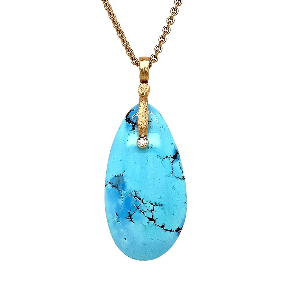 Kazakhstan Turquoise & Yellow Gold Pendant - "Sticks & Stones" - Image 3