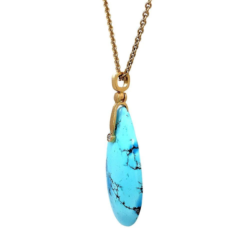 Kazakhstan Turquoise & Yellow Gold Pendant - "Sticks & Stones" - Image 4