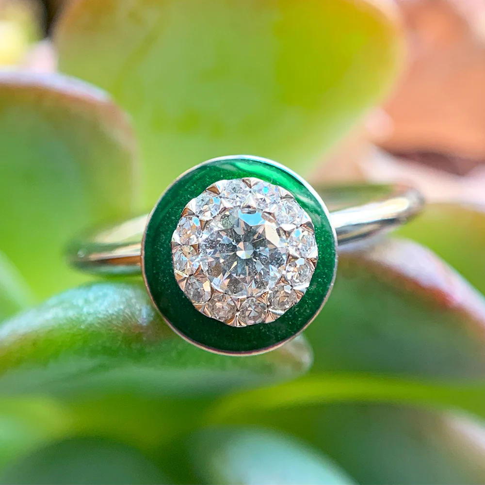 Kinetic Ceramic Halo & Diamond Ring - "Happy Dark Green" - Image 2
