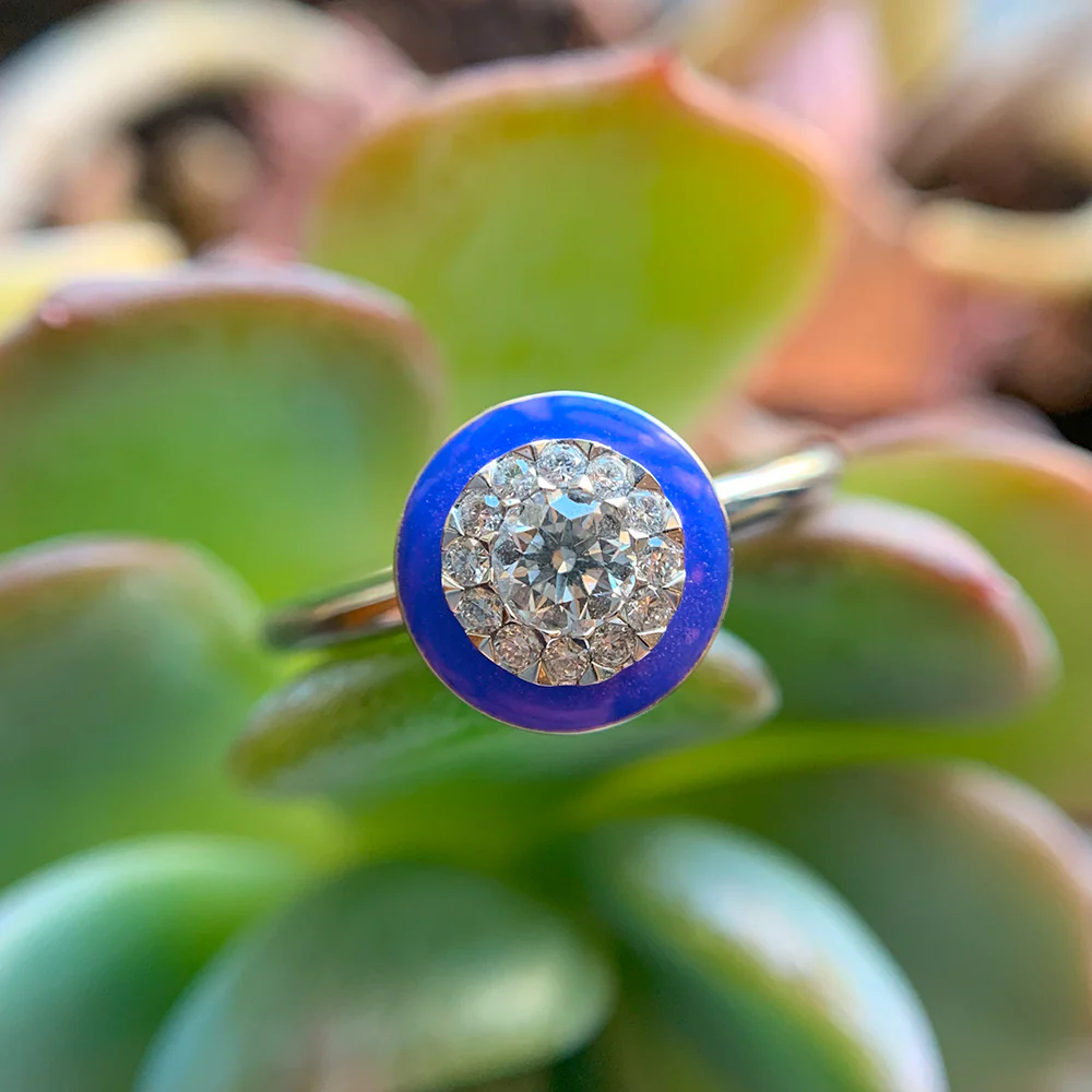 Platinum Ceramic Halo & Diamond Ring - "Happy Periwinkle Blue" - Image 2