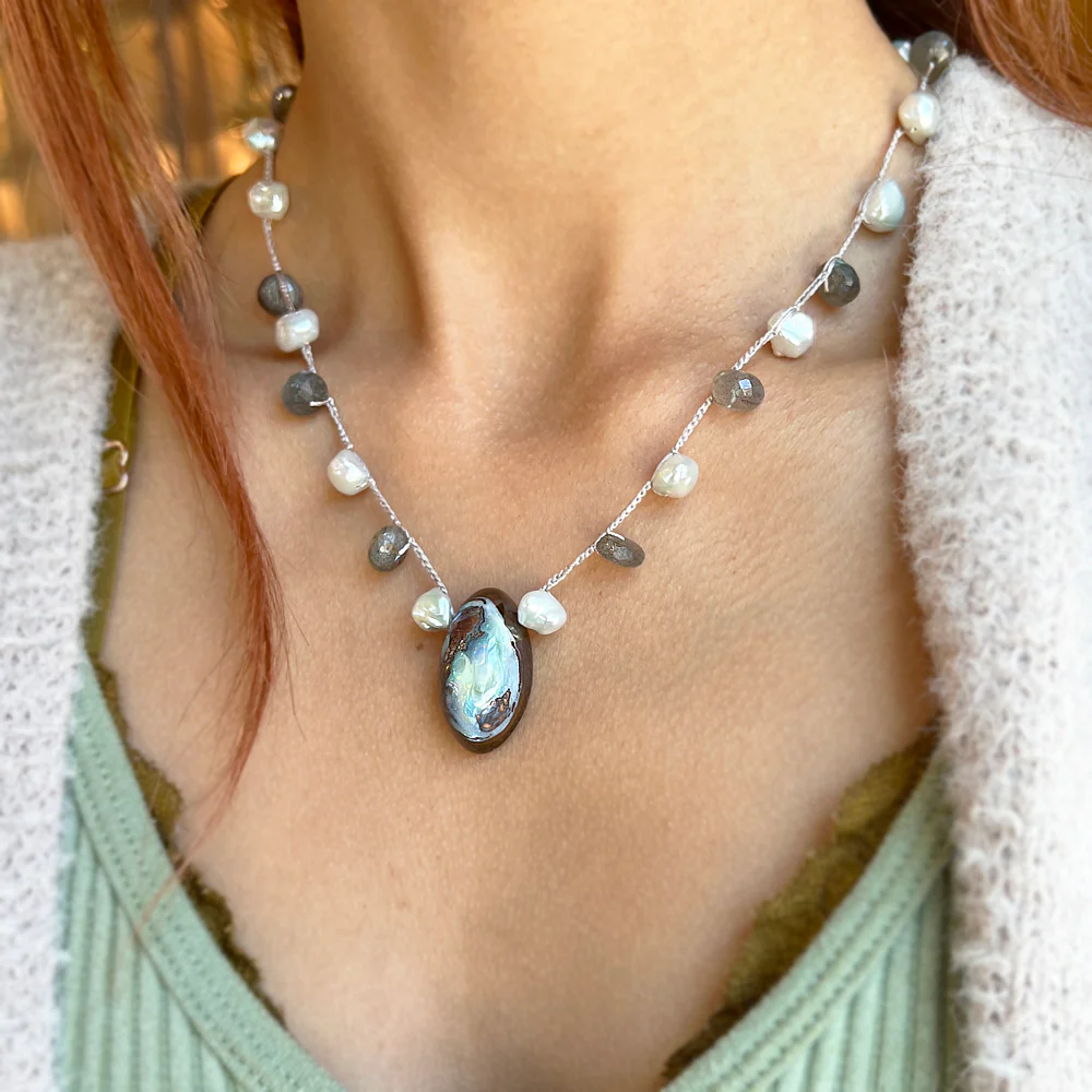 Koroit Opal, Labradorite, & Pearl Necklace - "Sea Cliff" - Image 2