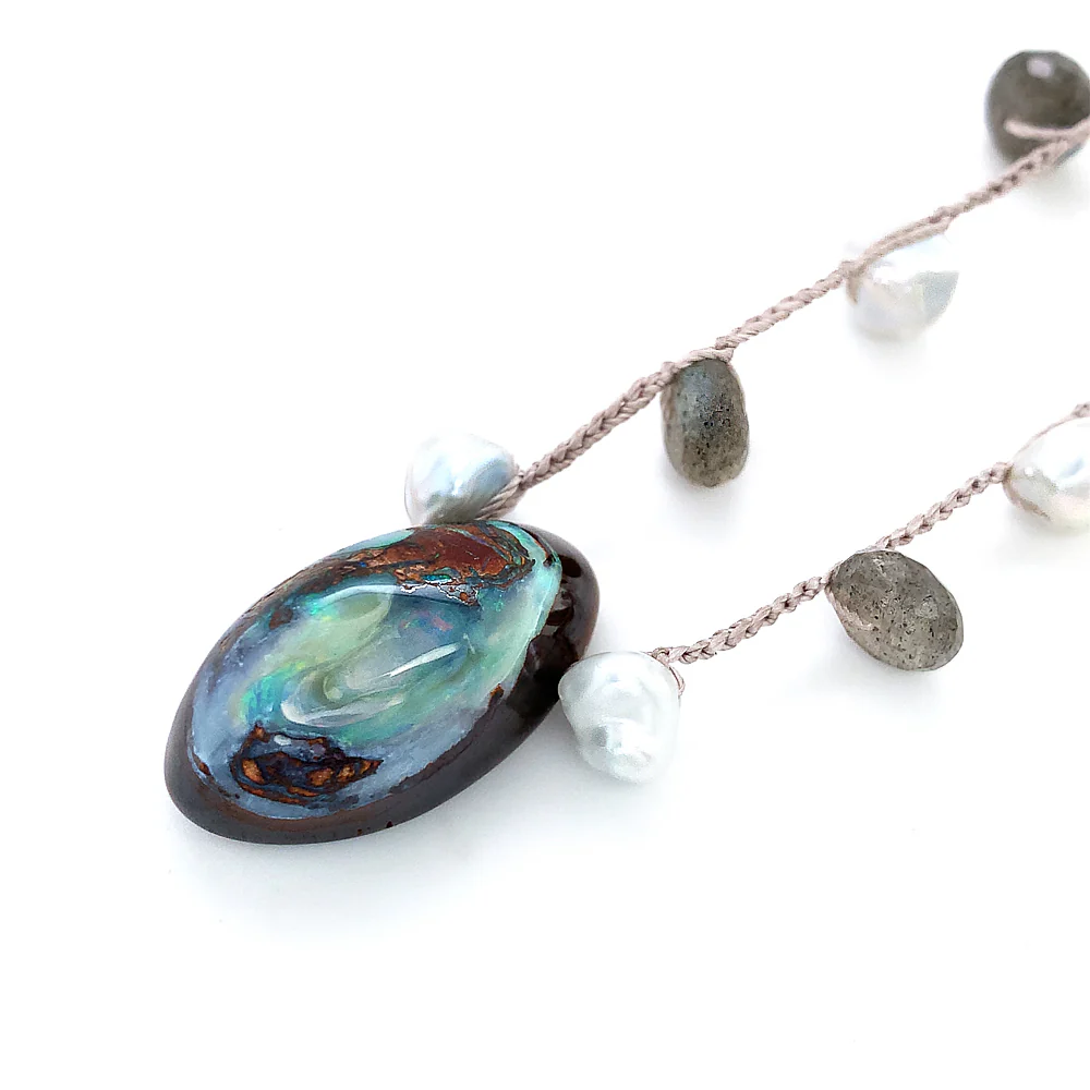 Koroit Opal, Labradorite, & Pearl Necklace - "Sea Cliff" - Image 4