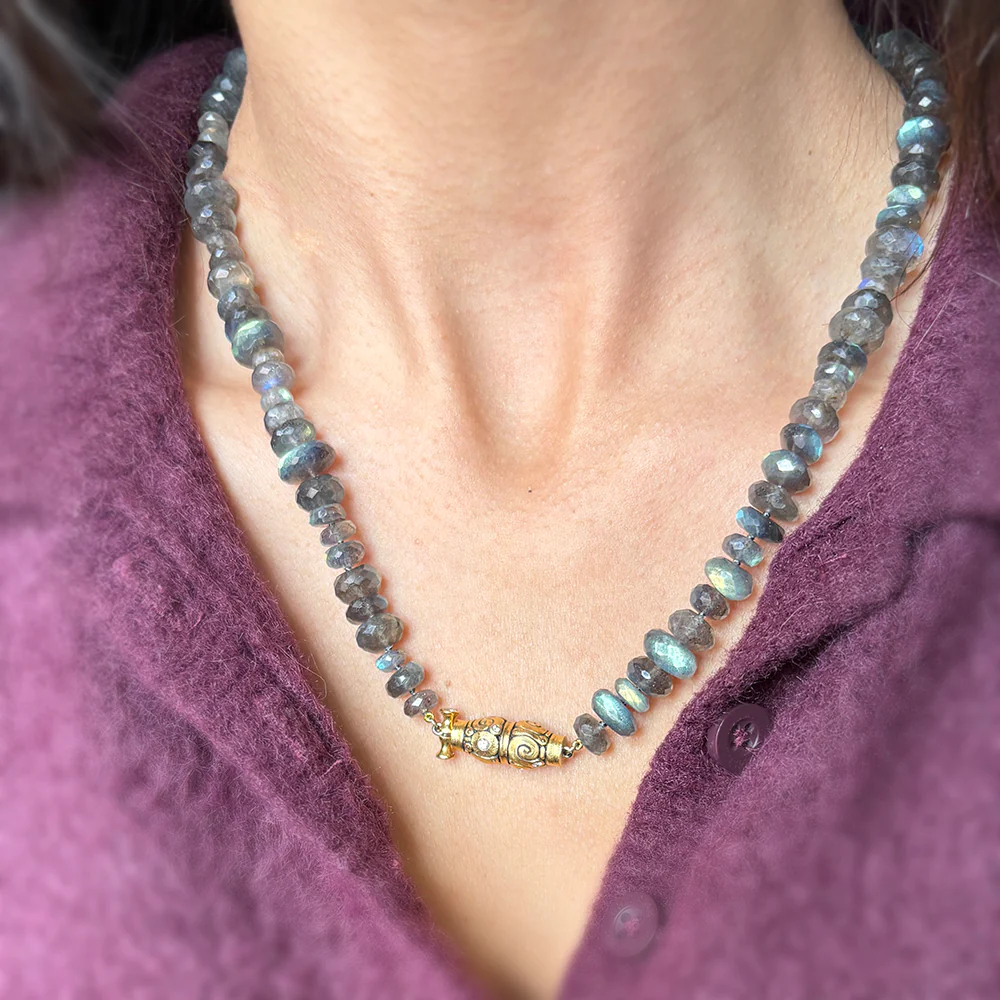 Labradorite Beaded Necklace & Diamond Clasp- "Seashell" - Image 5