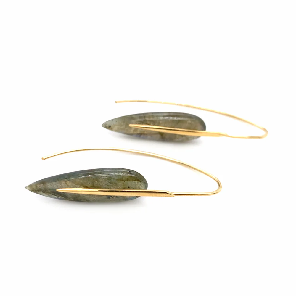 Labradorite & Yellow Gold Drop Earrings - "Medium Feather" - Image 3