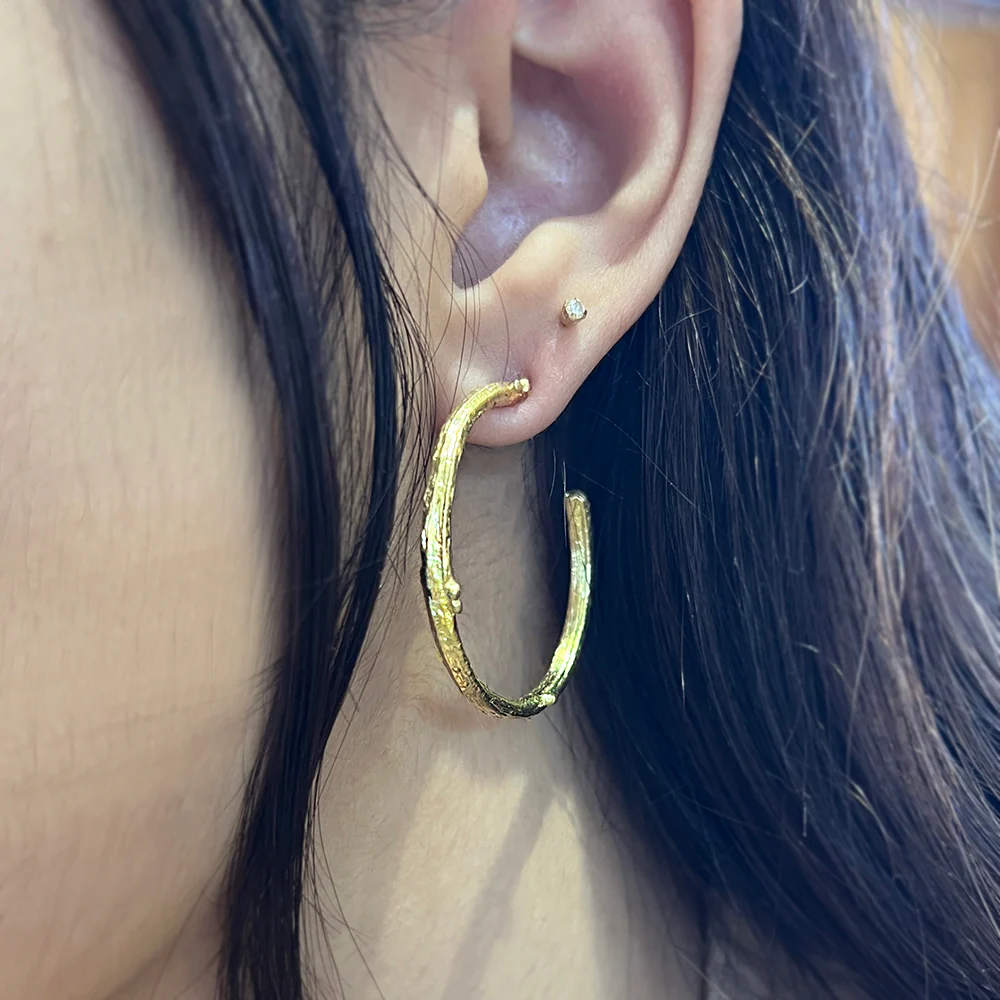 Large Yellow Gold Hoop Earrings - "Olive Branch" - Image 3