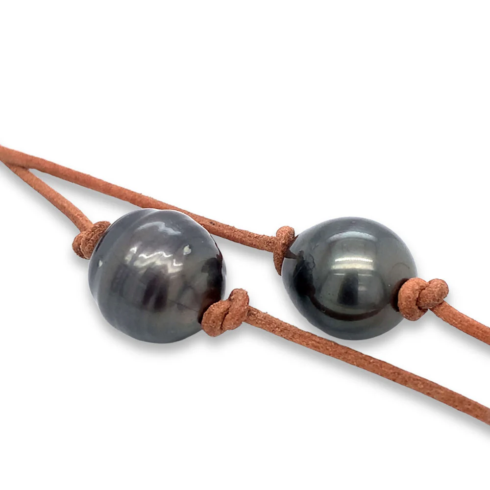 Tahitian Pearl & Leather Necklace - "Peacock" - Image 2