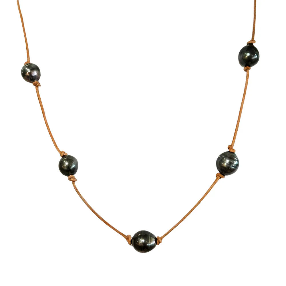 Tahitian Pearl & Leather Necklace - "Peacock" - Image 3