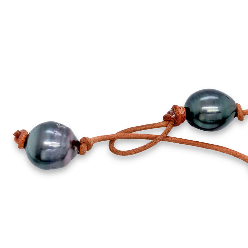 Tahitian Pearl & Leather Necklace - "Peacock" - Image 4